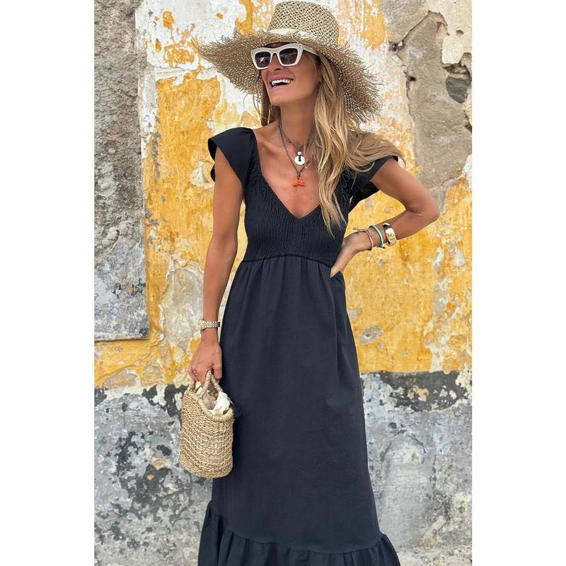 Black V Neck Flutter Sleeve Smocked Bodice High Waist Ruffle Maxi Dress