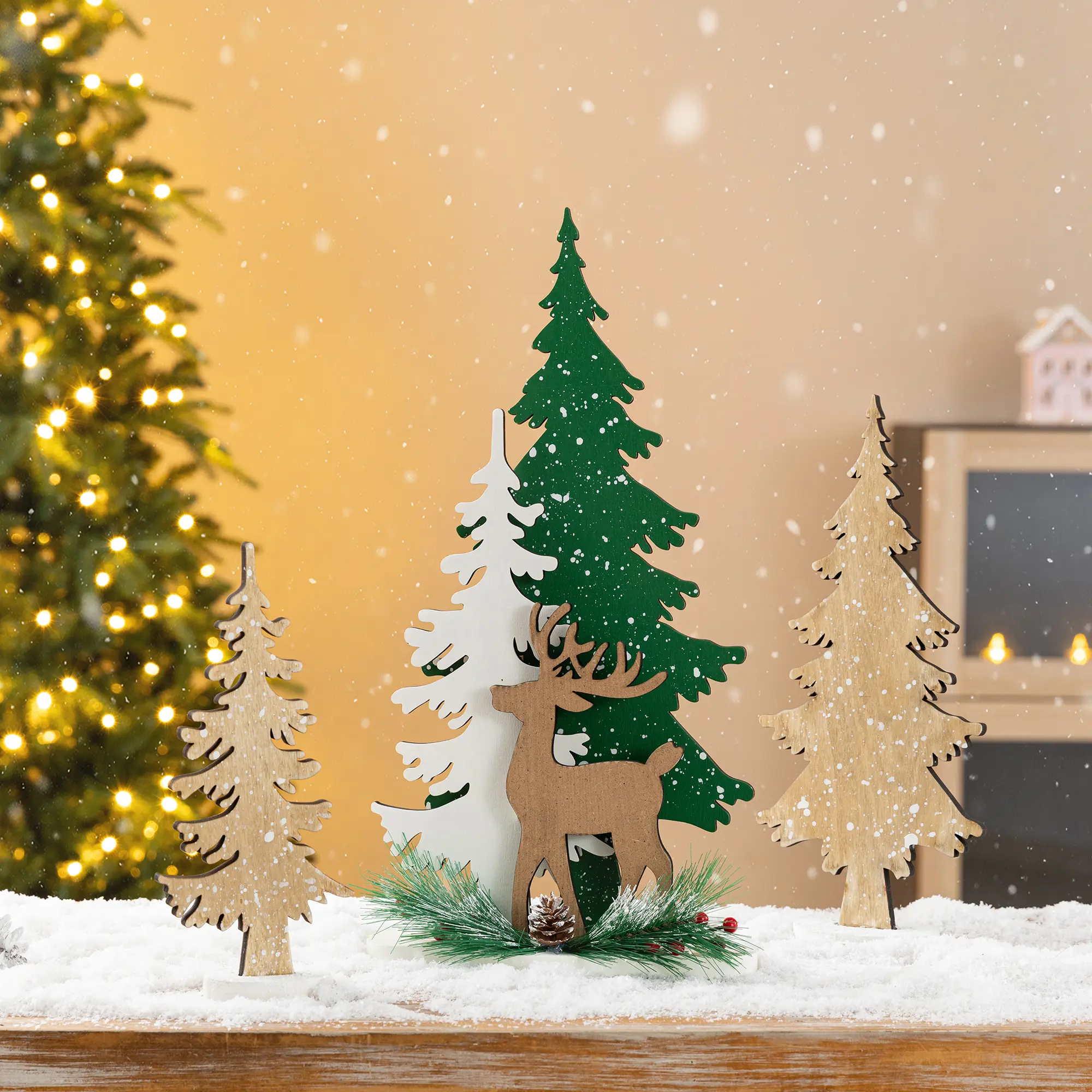 Glitzhome Minimalist 16"H Set of 3 MDF Wood Irregular Christmas Tabletop Decor - Classic Christmas Decor, Decorative Reindeer & Tree Accents, Easy Install Holiday Decorations, 3 Wooden Christmas Table Decor