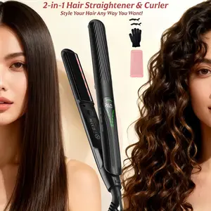 1PCS Black Professional 2-in-1 Salon Hair Straightener and Curler, Suitable for Straightening and Curling, Multi-Functional Styling, LCD Temperature Display, Complete Hair Styling Tool Set, 2 Clips, with Pads and Gloves, Best Gift