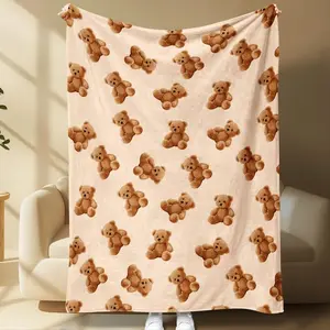 Teddy Bear Pattern Throw Blanket, Lightweight Cozy Blanket, Cute Plush Style Fleece Blanket, Cozy Soft Blanket for Bedroom and Living Room Decor