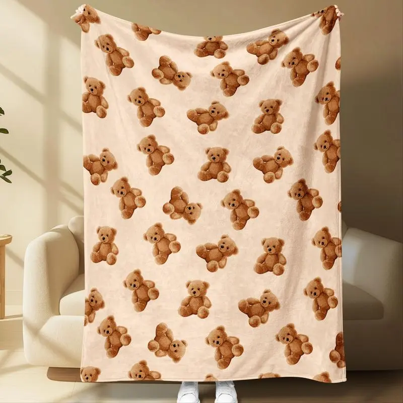 Teddy Bear Pattern Throw Blanket, Lightweight Cozy Blanket, Cute Plush Style Fleece Blanket, Cozy Soft Blanket for Bedroom and Living Room Decor summerwins