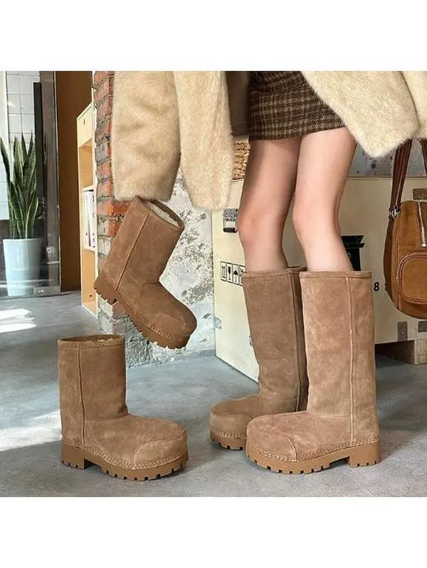 Autumn Winter New Women's Big Toe Box Snow Boots - Platform Sole Ankle Boots with Genuine Leather and Fur Integration for Maximum th Soft Anti-Slip Dog Faux Mid-Calf Fur Lined Snow Boots