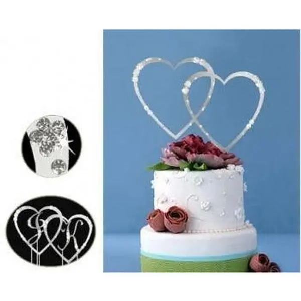 Monogram Silver Rhinestone Double Hearts Wedding Cake Topper with Crystals