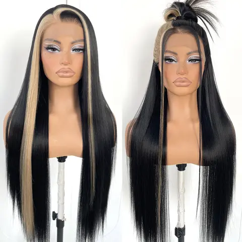 13x6 Frontal Synthetic Lace Front Wig - HD Lace, Pre-Plucked Glueless Wear-and-Go, 13x6 Natural Part, Extra Long Straight Blue, Seamless Blend Synthetic Wigs for Daily Use