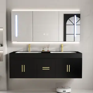 Black Floating Bathroom Vanity with Sink&Mirror Cabinet Storage, Premium Bathroom Vanity Set LED Lighting&Smart Defogging, Assembled (48''Single Sink)