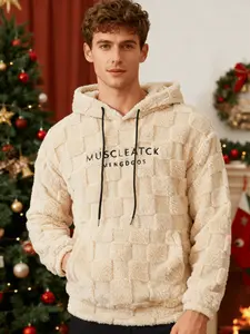 Men's Plaid Fleece Hoodie, Letter Embroidered Pullover, Soft Warm Casual Sweatshirt for Home, Streetwear, Fall Winter, Perfect Christmas Gift