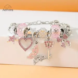 Princess Style Adjustable Bracelet for Women with Pink Heart Butterfly Star Pendants, Sparkling Crystal May Birthstone Jewelry, Cute Aesthetic Dainty Accessories for Daily Wear Dating Party, Romantic Anniversary Birthday Gift for Her Teen Girls