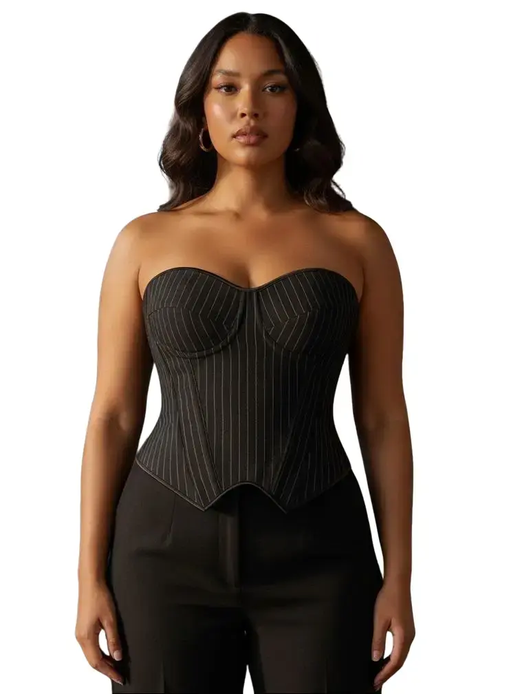 Women's Striped Blazer-Inspired Corset Top - Womenswear Strapless Boned Bustier with Built-in Underwire Cups, Slimming Waist Shapewear Top for Party Costumes, Daily Streetwear