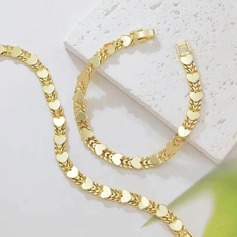 14K Gold Plated Flat Heart Cuban Link Bracelet for Women, Dainty All Heart Chain Wrist Bracelet, Tarnish Resistant Stackable Sweet Love Fashion Jewelry Gift for Her