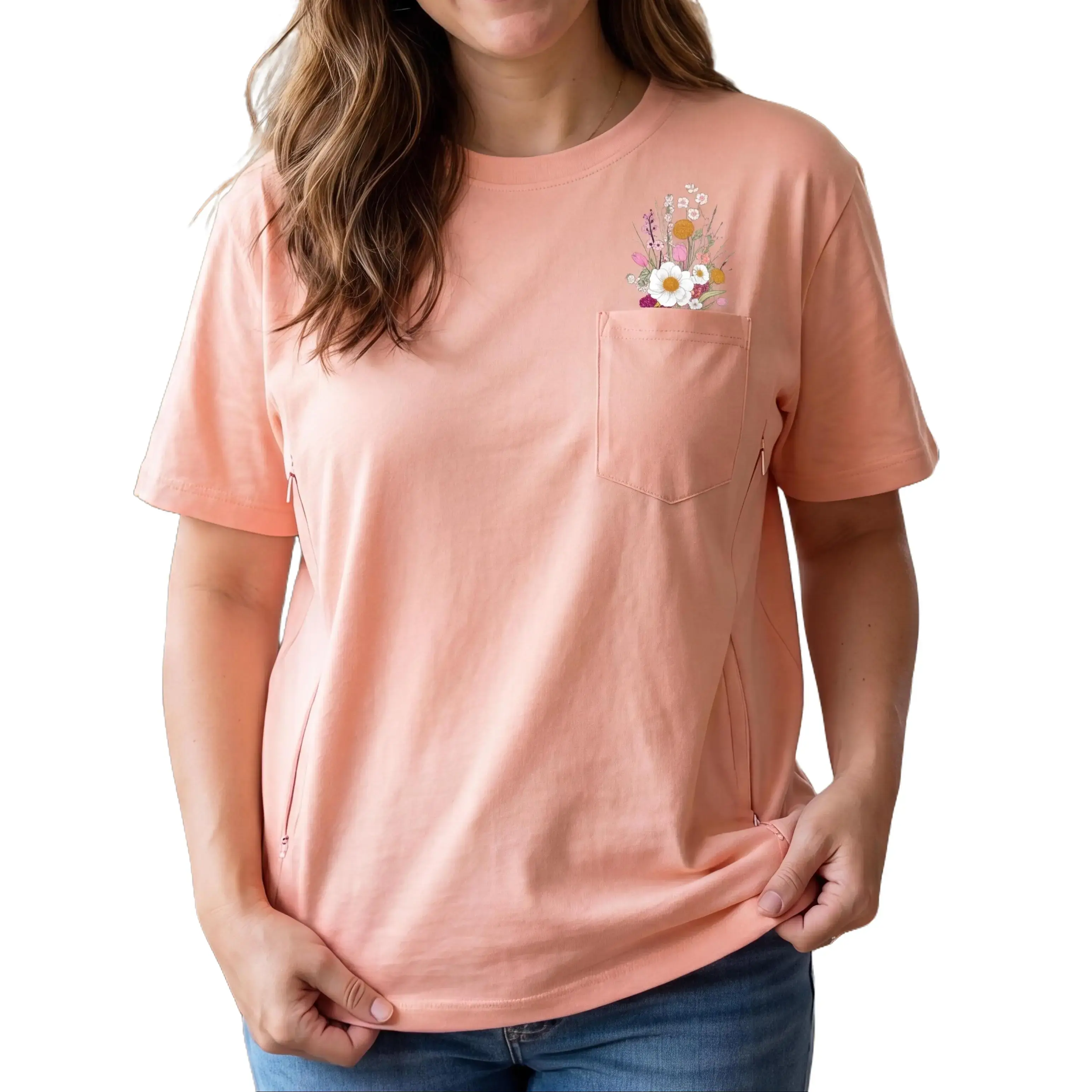 Giftifymama Faux Wild Flower Pocket Zip Nursing T-shirt for Women Breastfeeding Shirt with Zipper Soft Cotton Stretchy Tee Easy Nursing Access Pregnancy Clothes Maternity Wear TikTokShopHolidayHaul