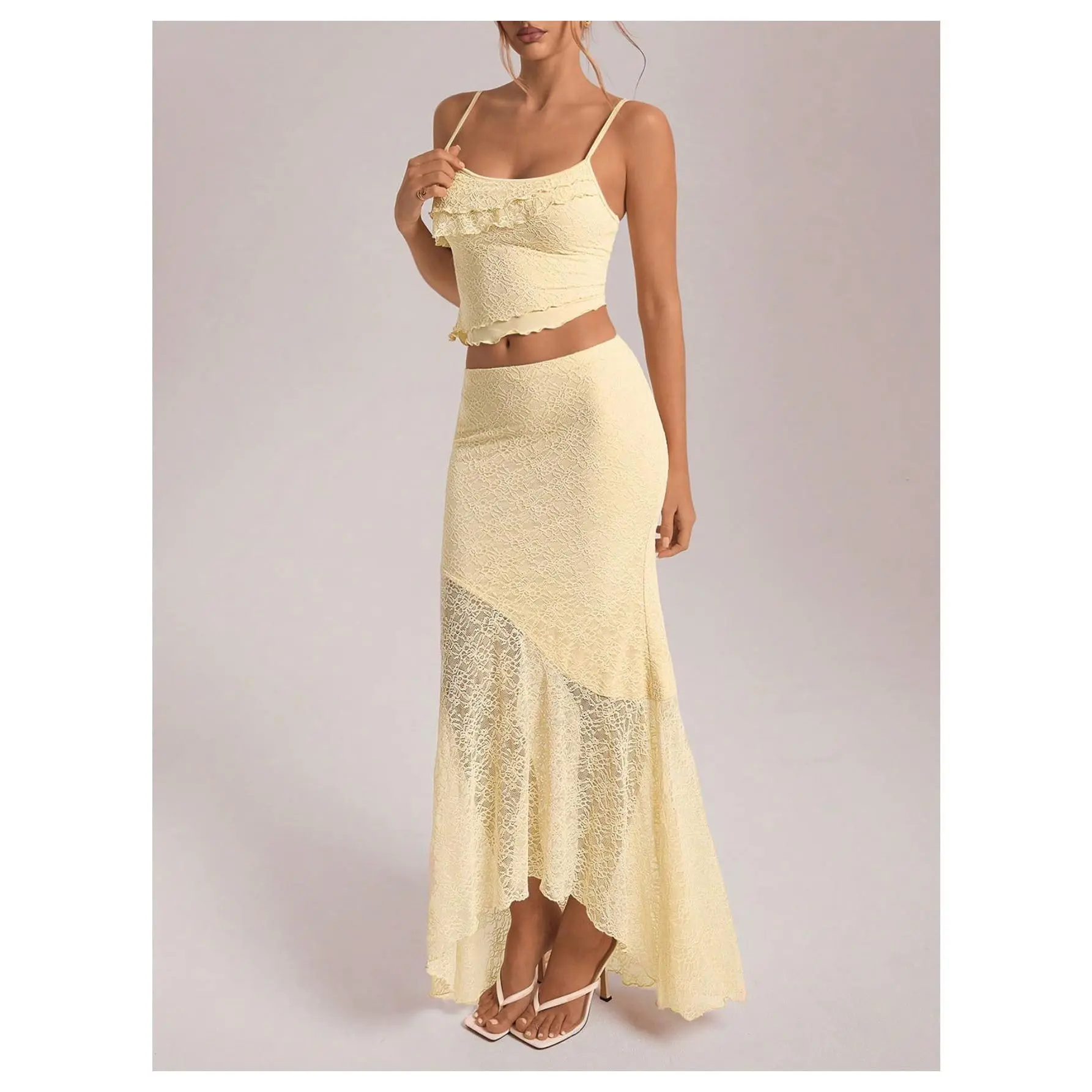 2 Piece Outfits Ruffle Trim Camisole Crop Tops and Low Rise Sheer Lace Maxi Skirt Set