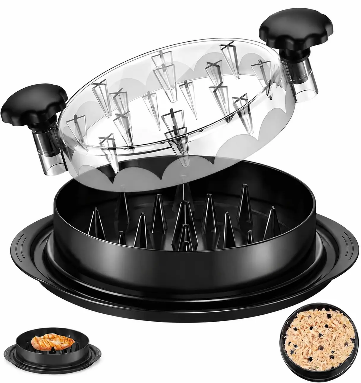 Large Chicken Shredder Tool, Multifunctional Meat Shredder with Clear Lid, Twist Pulled Meat Tool with Brush Fork, BPA Free Anti Slip Kitchen Gadget for Chicken Pork Beef BBQ and Meal Prep
