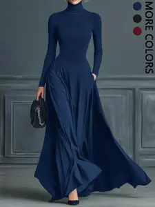 Women's High Neck Slim Fit Dress, Womenswear, Spring & Fall Casual Bodycon Long Skirt, Stylish and Comfortable, Perfect for Daily Wear