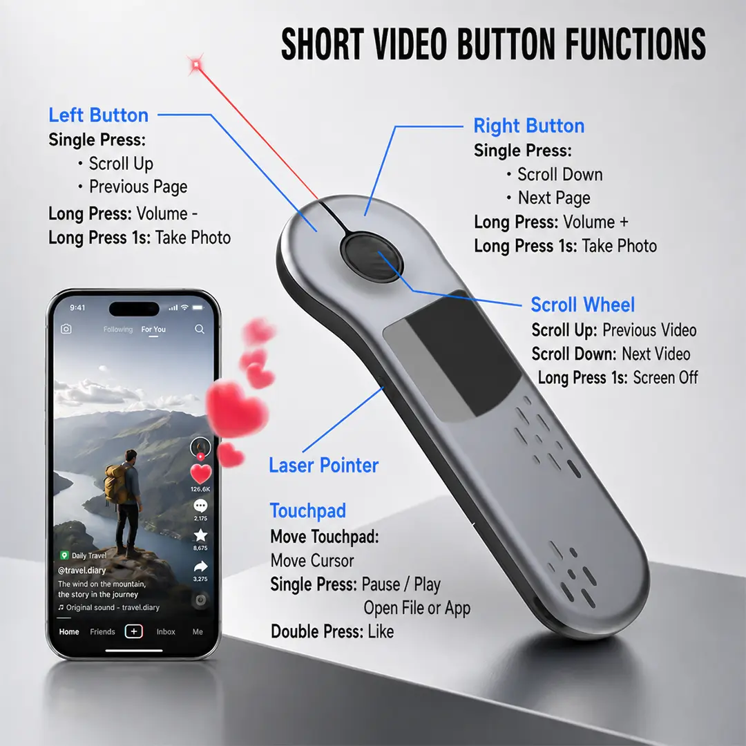 D13/D13Pro Bluetooth Air Mouse Remote with Touchpad, TikTok & YouTube Video Scroller, 2.4G Wireless Presenter with Laser Pointer, Cursor Control & PowerPoint Clicker, for iPhone, Android, PC, Laptop & Tablet