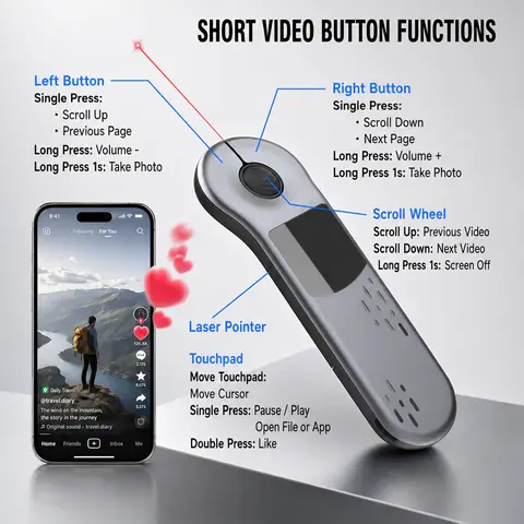 Black Bluetooth Pen-Style Rechargeable Air Mouse Universal Remote Control - 2.4G Wireless Presenter & Transmitter, Laser Pointer, Trackpad, TikTok/YouTube Scroller, 2-in-1 USB/Type-C Receiver, USB-C Charging Cable, Built-In Batteries, Computer Accessories