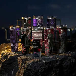 Albert Wesker RE 40oz Tumbler, Enemy Leon S.Kennedy Resident E Inspired Steel Tumbler, Umbrella Gift For Gaming Lovers Tumbler with Handle, Black Water Bottle