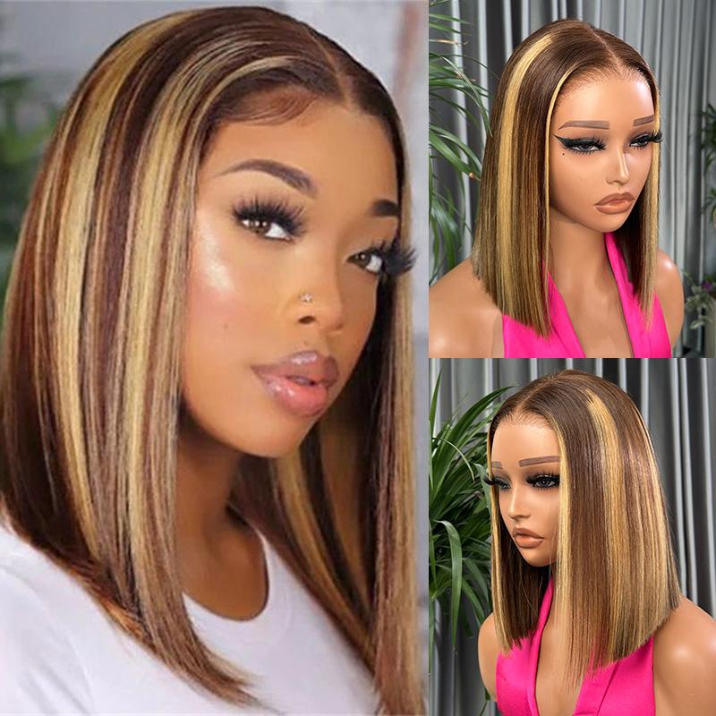[FREE UPGRADE] West Kiss Highlight Glueless Human Hair Wigs Short Straight 7x4 Lace Closure Bob Wig Pre Cut Pre Plucked Human Hair Wigs