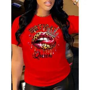 Queen Pattern T-Shirt Leopard Print Lip Print and Diamond Crown Design, 100% Cotton Fabric Round Neck Casual Top, Machine Washable Regular Fit, Suitable for Parties and Daily Wear