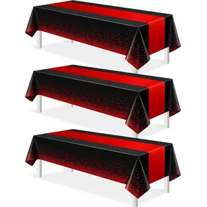 3-Pack Red and Black Plastic Tablecloth Set – Disposable 54x108 Inch Rectangle Covers with Printed Runner for Birthday, Wedding, or Graduation Parties