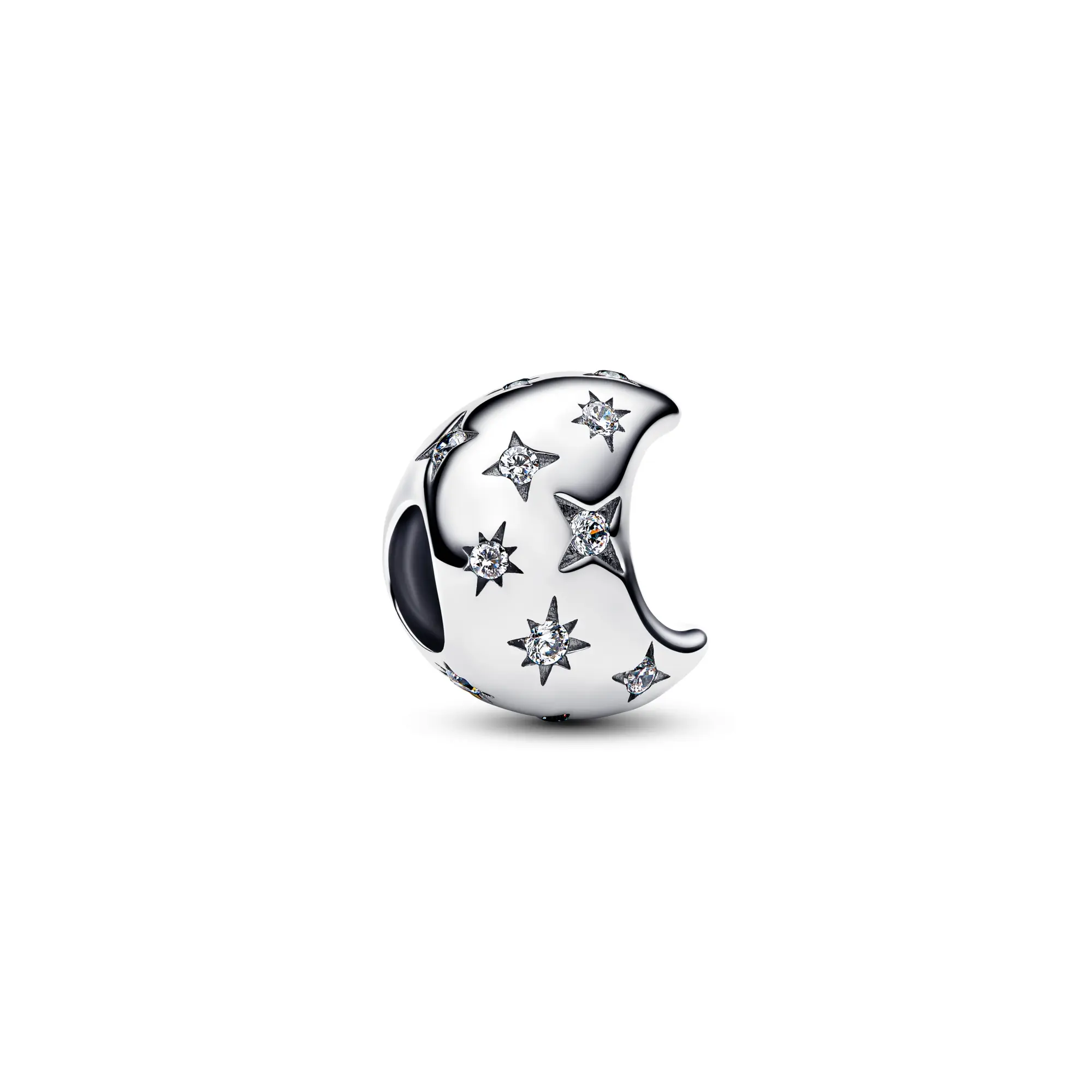 PANDORA Crescent Moon Charm - Women's 925 Real Silver Charms & Pendants, Sterling Silver, Flush Set, Moon Theme, Engraved, Starburst Stones, Fashion Jewelry, 794254C01, No Warning Applicable