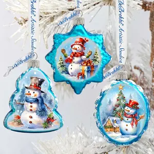 Designocracy 770148S3 Miniature Sparkling Christmas Decor, 3x2 in. Satin Mercury Glass Snowmen Ornaments, Set of 3 - Festive Decoration, Holiday Gift