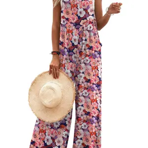 Ekouaer Women's Casual Overalls Loose Wide Leg Jumpsuits Summer Boho Floral Printed Baggy Rompers with Pockets