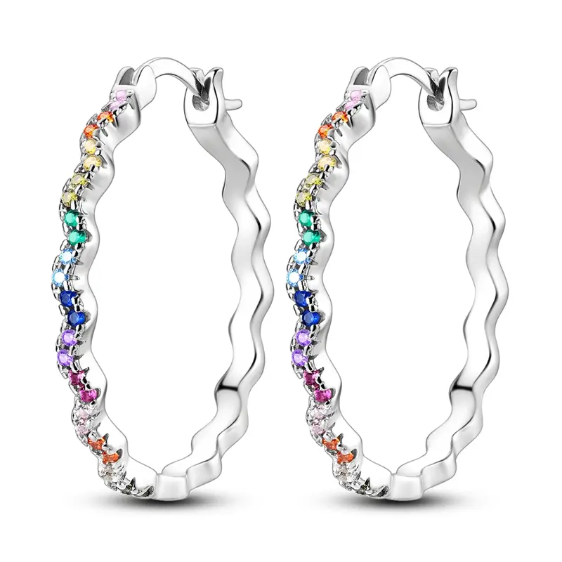 MULA Silver-Plated Wave Huggie Hoop Earrings for Women | Platinum Coated Multicolor Crystal | Hypoallergenic & Nickel-Free | Boho Geometric Jewelry Gift