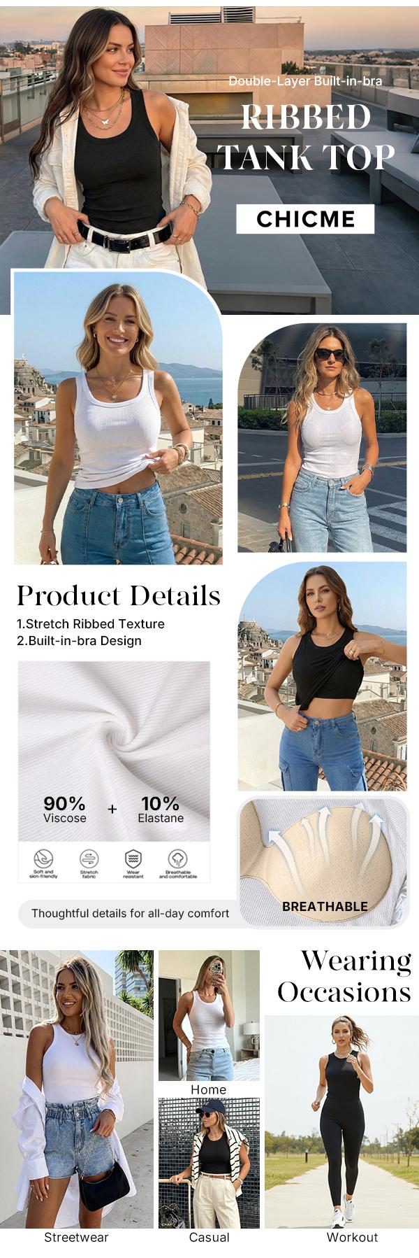 CHICME Built-in Bra Tank Top Ribbed Racerback Tops Women Going Out Tops Everyday Basic Tanks Padded Tops