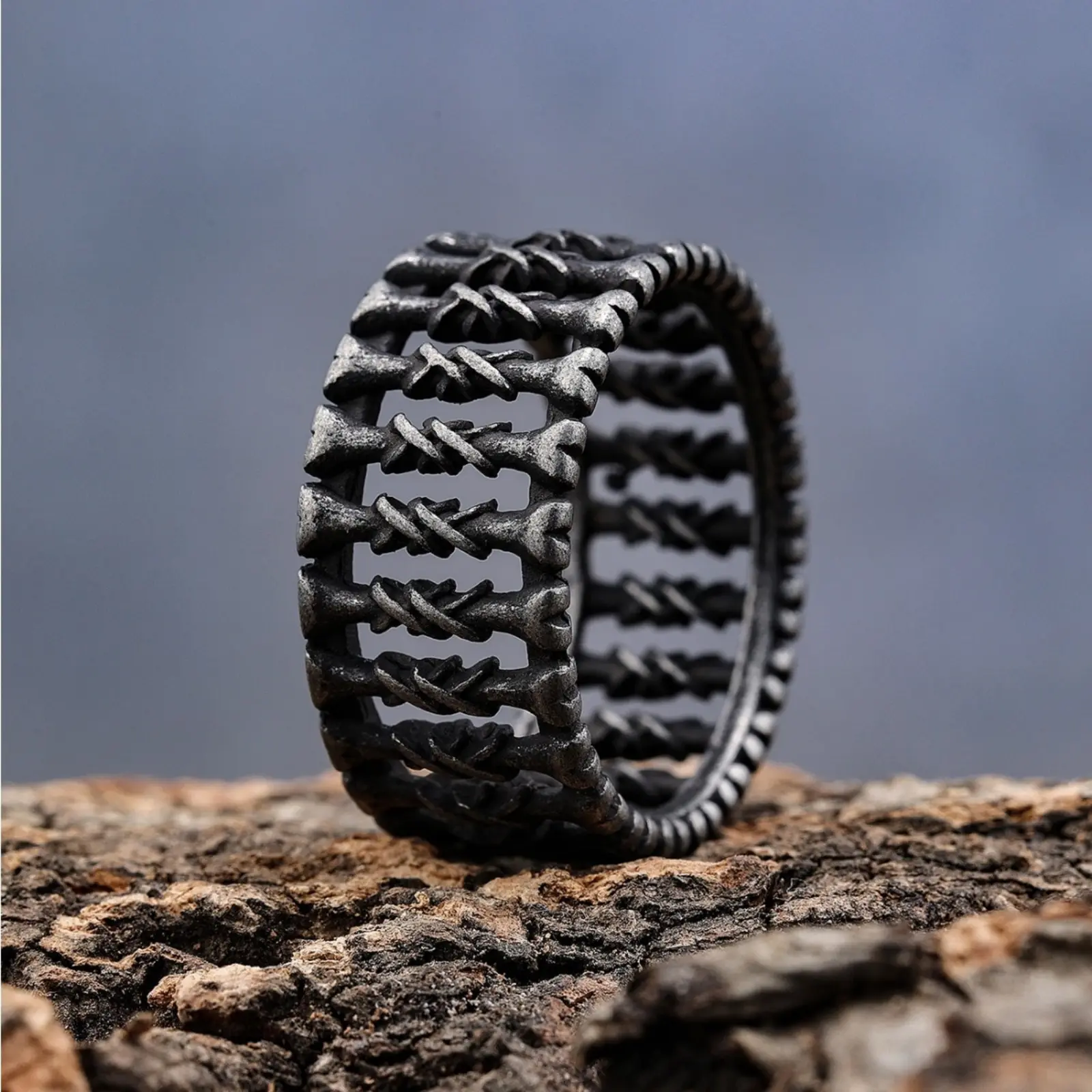 Vintage Hip-hop Stainless Steel Adjustable Initial Ring - Bone & Steel Nail Fence Geometric Cut, Dark Aesthetic, Stacking, Street Style, Men's Halloween Gift, Daily Use Accessory, Adjustable Initial Rings, Dark Aesthetic Rings