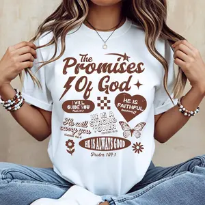 The Promises Of God Scripture Verse Print T Shirt White Casual Loose Fit Tee For Women And Girls Suitable For Daily Wear And Light Activities