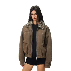 Barn Jacket with Detachable Leopard Collar FDR Unisex Plain Casual Minimalist Loose Fit Women's Coat Pu Patchwork Trendy Outerwear for Daily Wear Heavyweight Zipper Short Tops Womenswear#valentinesday#tiktokshopjumpstartsale#Valentine's Day Gift