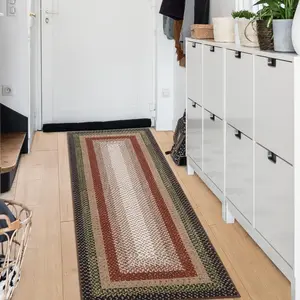 Garvee Washable 2x8 Non-Slip Braided Runner Rug with Stain Resistant Surface, Farmhouse Style Printed Carpet for Kitchen, Hallway, Living Room, Bathroom, Entryway in Crimson and Earthy Tones