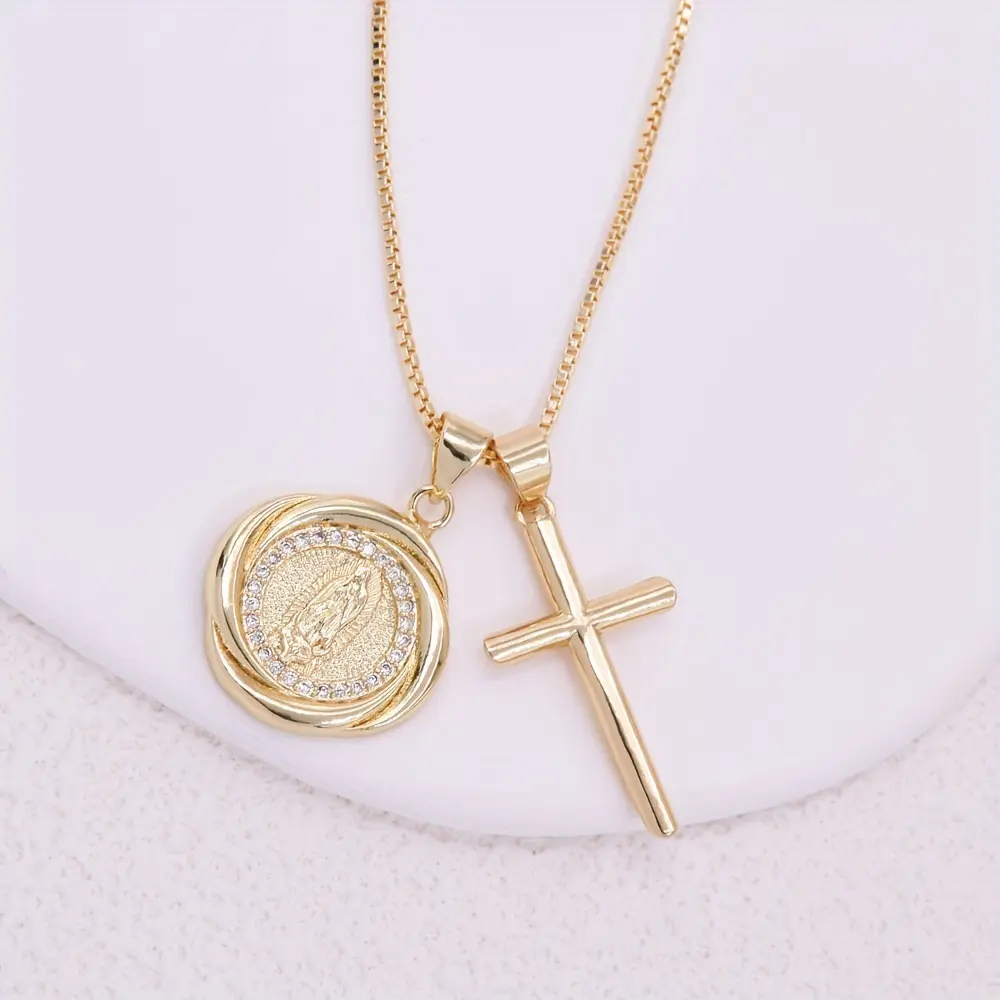Women's Gold-Plated Cross Relief Virgin Mary Crucifix Necklace - Zircon-Embellished Decorative Religious Necklaces for Women, Crucifix Necklaces