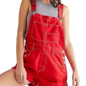 Cherry Red Denim Short Overalls