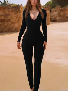 Christmas Atmosphere Women's Sexy Yoga Low Neck Long Sleeve Bodycon Slim Fit Long Jumpsuit, Plain Pattern, Spring & Fall Fashion, Skinny Jumpsuit