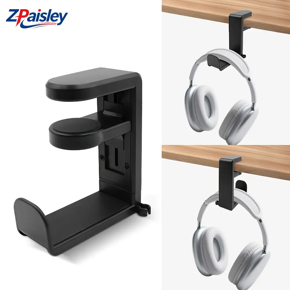 1Pc 360° Rotating Under Desk Headphone Stand, Desk Clamp Mount Headset Hanger with Cable Clip, No Drill Space Saving Headphone Hook, Multi Purpose for Gaming Headset Game Controller Cables, Office Home Workstation PC Desk Organizer Accessories
