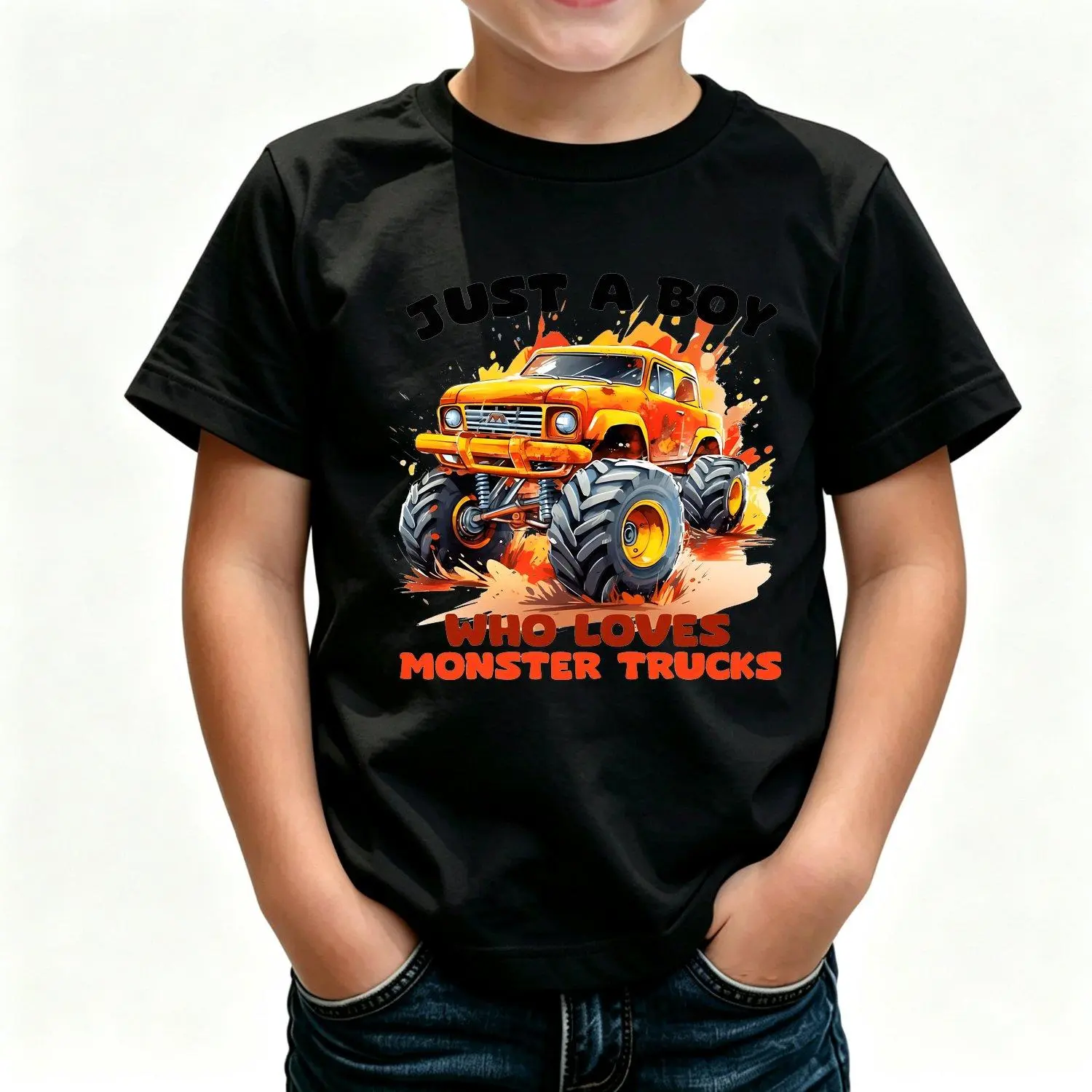 Boys' Classic Short Sleeve Loose-Fit Monster Truck Graphic T-Shirt, Breathable All Season Prop 65 Safe Car-Themed Top for Young Enthusiasts, Casual Everyday Active Wear