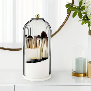 1pc Premium Texture White Sliding Toothbrush Holder - A 360 ° Rotating Storage Tool, Dustproof Bathroom Dressing Table Storage Box, Multi Grid Storage for Toothbrushes, Toothpaste, Makeup Brushes, and Other Items