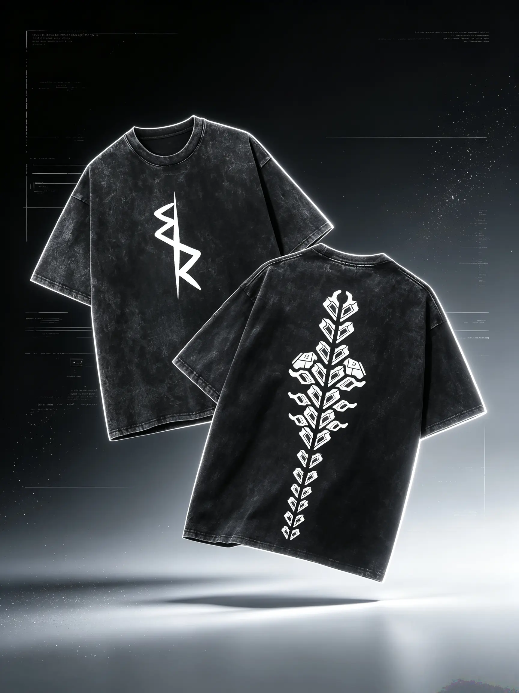 Men's Cyberpunk Edgerunners Rebecca Vintage Acid Wash Oversized Cotton Round Neck Shortsleeve Tee - Distressed Black Unisex Streetwear Top, Front White Rebecca Symbol, Back Vertical Spine Cyber Tattoo Graphic, Casual Fan Gift
