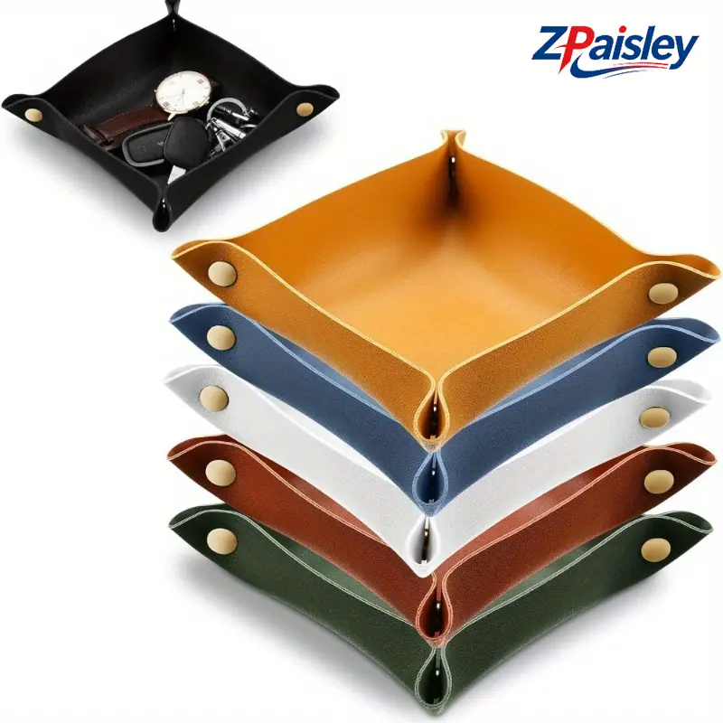 3Pcs Foldable PU Leather Valet Tray Set - Snap Buttons, Snug Close, Foldable Shape, Small Size, Multi-Use Catch All Organizer for Camping Picnic Entryway Nightstand (Sports & Outdoor Picnicware), Desktop Org.