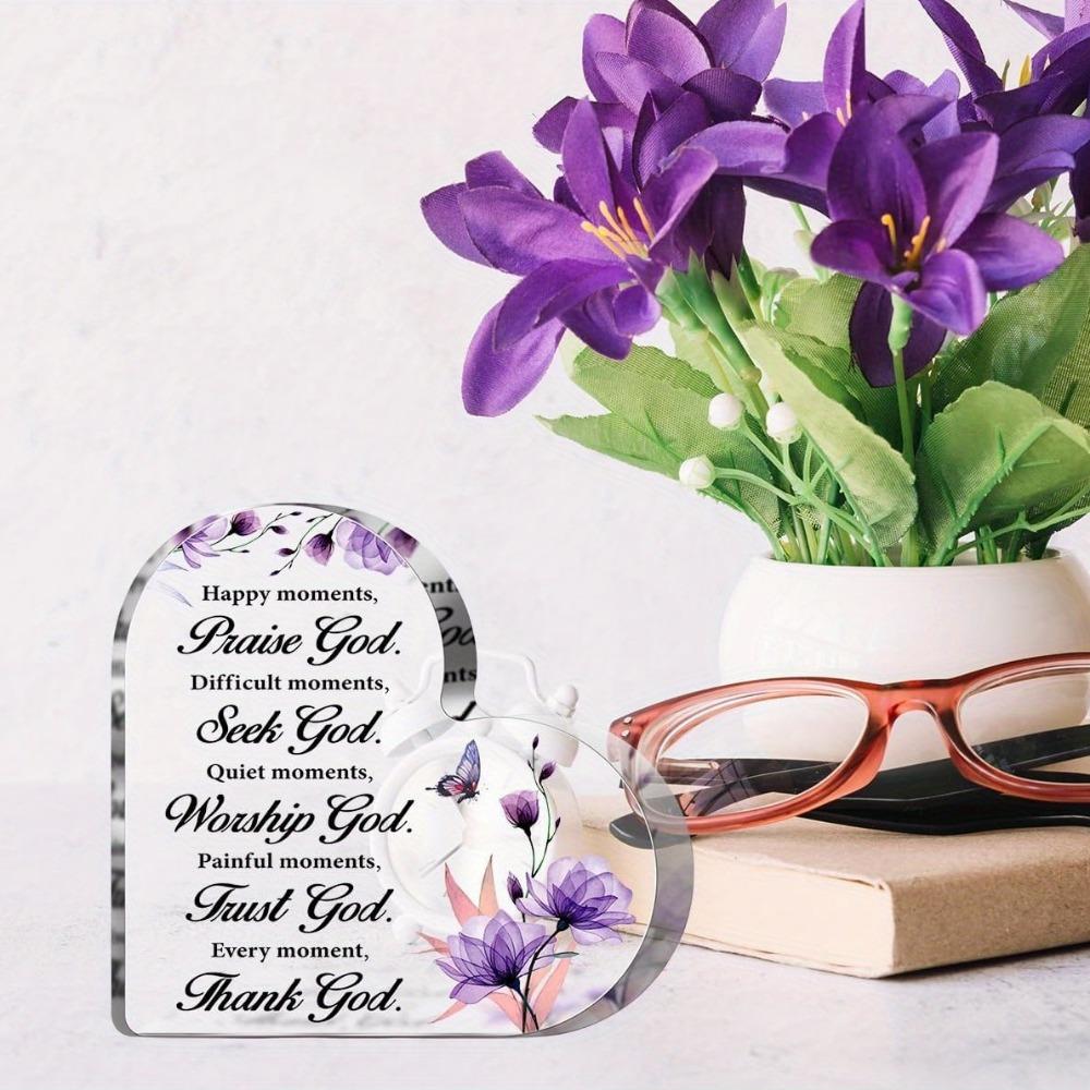 Heart Shaped Acrylic Christian Inspirational Sign, Praise God Thank God Religious Desk Decor Plaque, Bible Verse Faith Gift for Women Friends Family, Purple Floral Butterfly Desktop Tabletop Ornament Christian Keepsake Gift