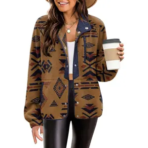 Women's Cozy Fleece Jacket Western Aztec Print Snap Button Down Coat with Pockets Casual Warm Outwear 2025