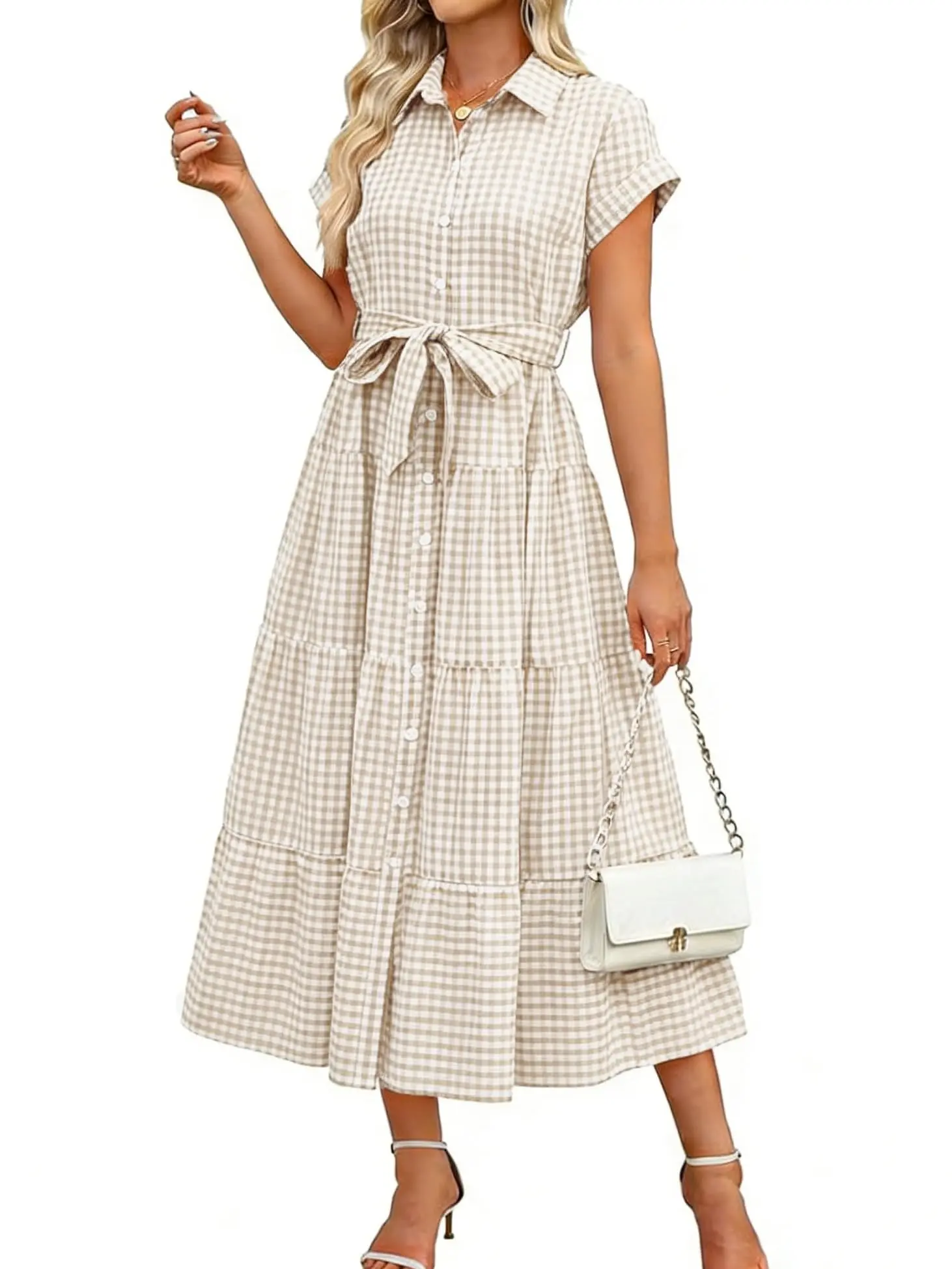 Ebossy Womens Casual Short Sleeve Button Down Tie Waist Ruffle Plaid Maxi Shirt Dress with Pocket