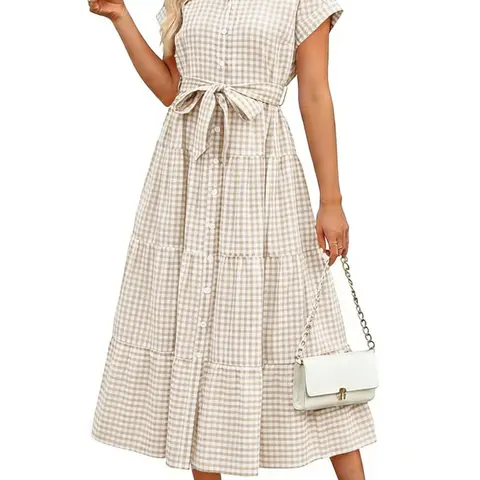 Ebossy Women's High-Waisted Soft Cotton Button-Front Ruffle Plaid Short-Sleeve Maxi Dress with Pocket, Boho Party-Wedding Trip Wear, Hand/Machine Washable Hang Dry