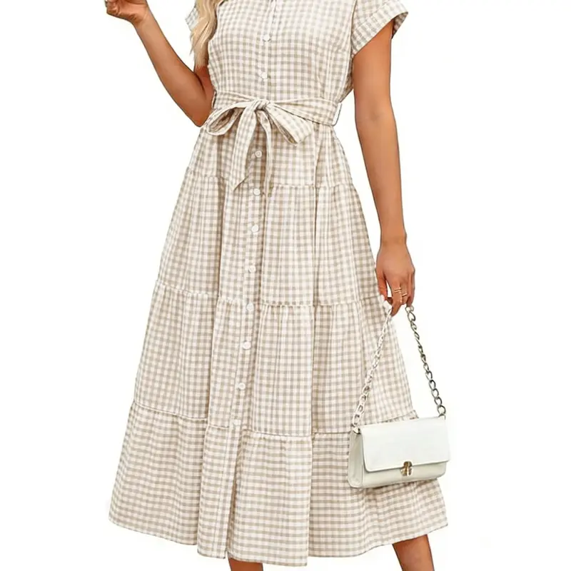 Ebossy Women's High-Waisted Soft Cotton Button-Front Ruffle Plaid Short-Sleeve Maxi Dress with Pocket, Boho Party-Wedding Trip Wear, Hand/Machine Washable Hang Dry