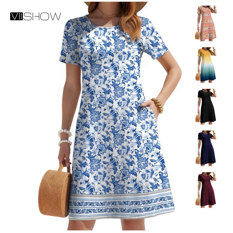 VIISHOW Women's Summer Dresses Midi Dress Short Sleeve Casual Floral T Shirt Dresses with Pockets, Fashion Beach Vacation Dresses, Summervibes summerwins, Fit Everyday Ethnic Colorful