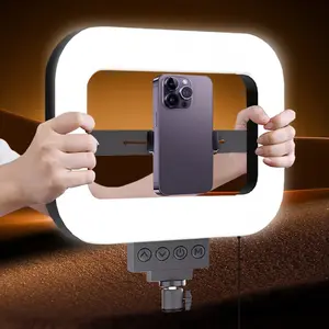 Handheld Square Beauty Light with 3 Color Modes & Brightness Adjustment, Adjustable Stand Phone Holder for Youtube Tiktok Live Streaming Photography Makeup Video Calls