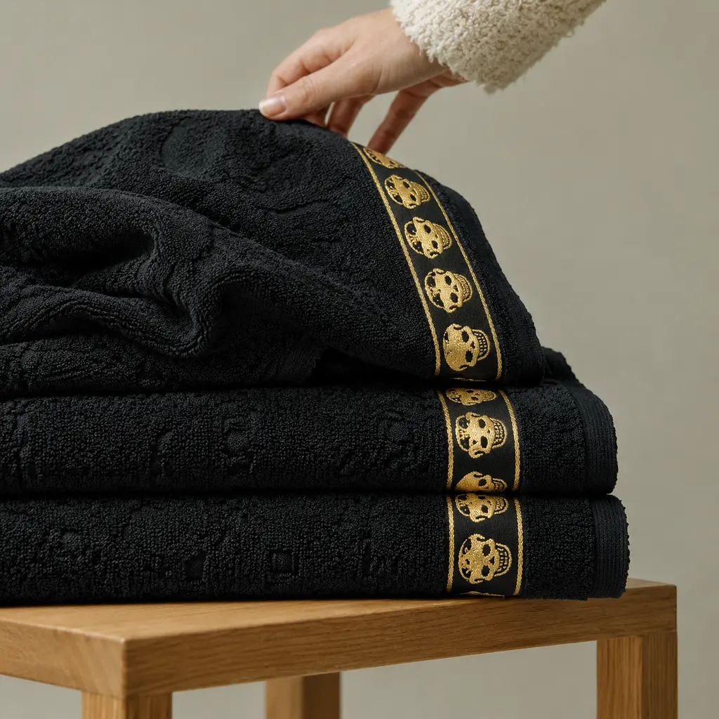 2pcs Black Cotton Towel Set, Bath Towel + Hand Towel, Luxury Skull Accents, Soft Quick-Dry Absorbent Towels, Machine Washable, Halloween Bathroom Decor & Gift