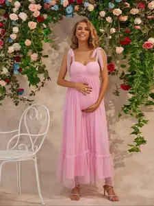 Maternity Polka Dot Embroidery Frill Trim Knot Tulle Dress, Elegant Ruffle Hem Tank Dress for Baby Shower Party, Maternity Pregnancy Dress for Summer, Prenatal Maternity Clothing
