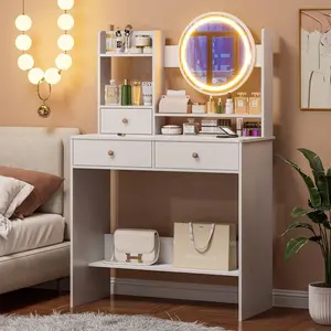 Vanity Desk With LEDMirror, Makeup Vanity Desk With 3 Drawers & Storage Shelves, 3 Color Modes, Dressing Table For Bedroom